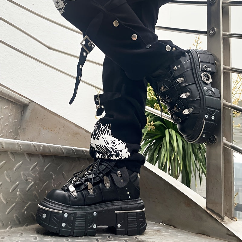 Women's Black Platform Ankle Boots Round Toe High Heel Sneakers