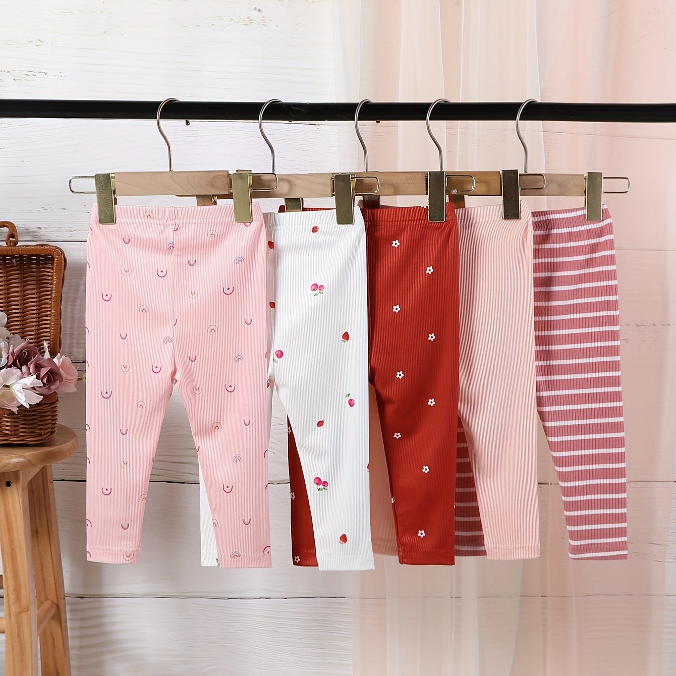 Девочки Кэжуал Комплект Брюк 5 Шт. Радуга Цветок Полоска Весна Лето Вязаная Ткань