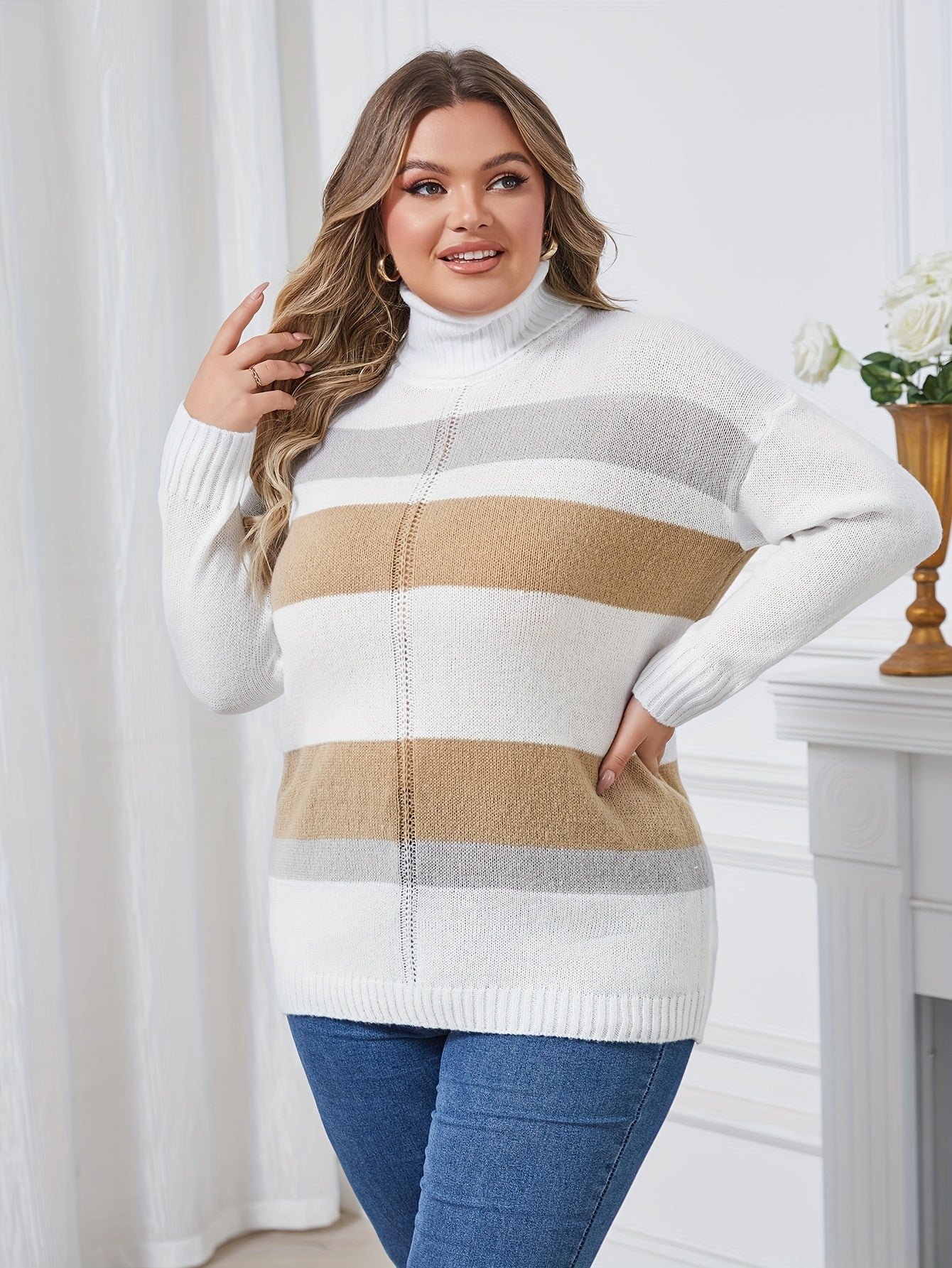 Women's Turtleneck Sweater Long Sleeve Loose Fit Striped Pullover Beige Black Fall Winter