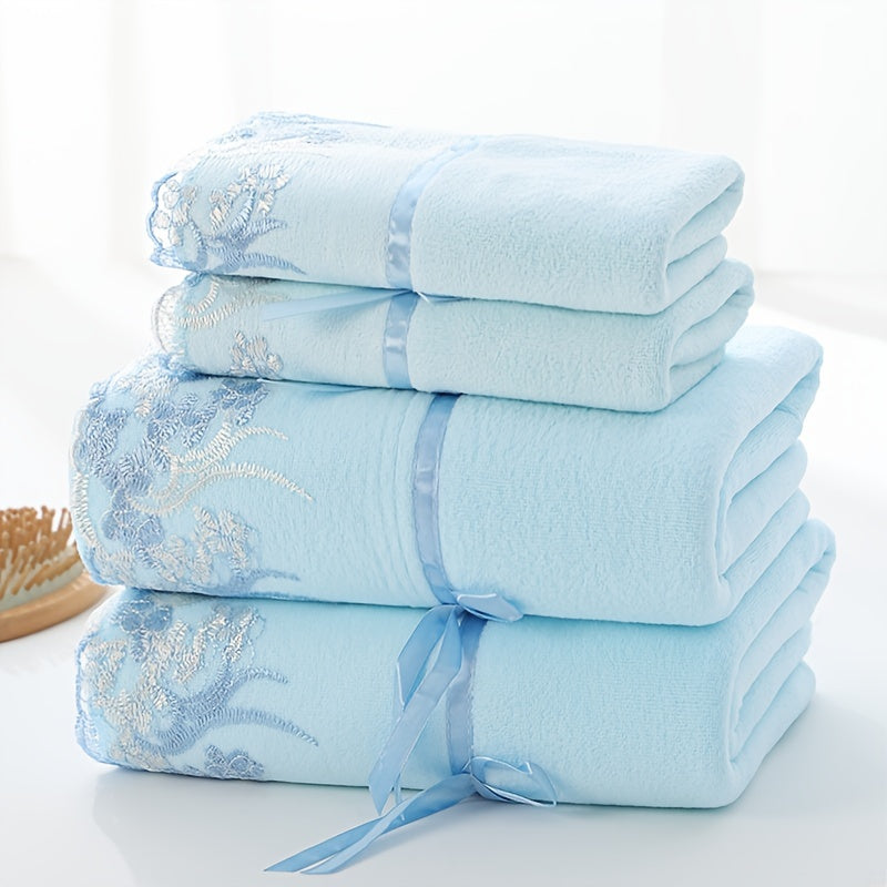 4-Piece Lace Towel Set with Floral Edges Ultra-Soft Polyester Blend Bath and Hand Towels