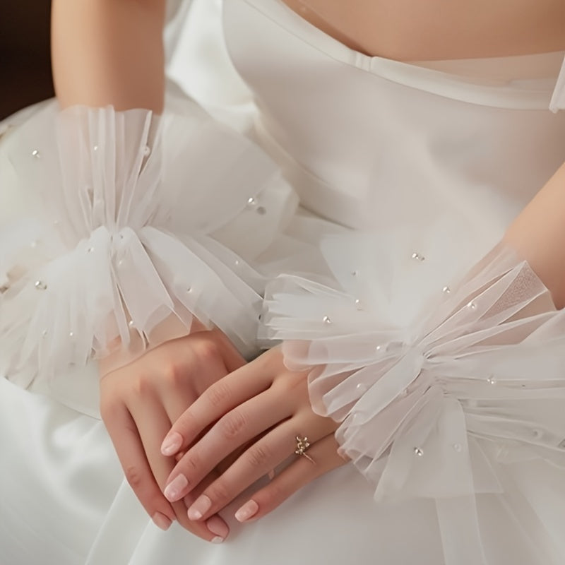 White Mesh Beaded Bridal Wrist Cuffs for Wedding Sleeve Decorations