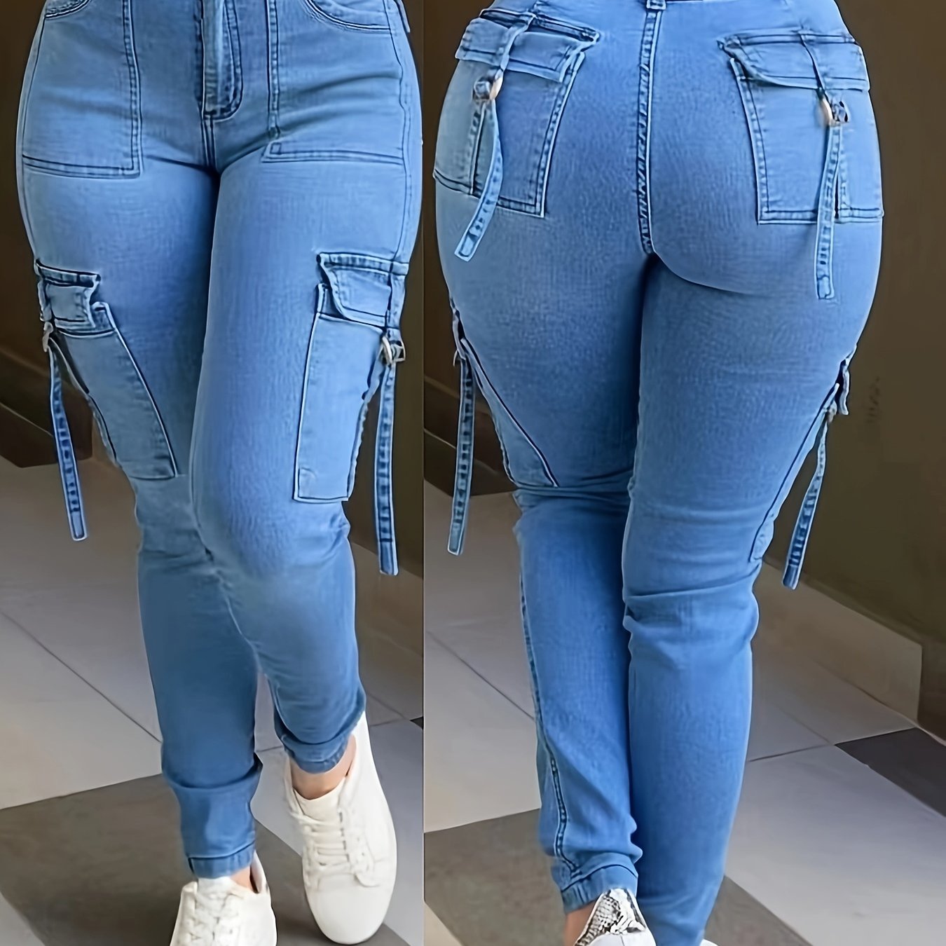 Women's Plus Size High-Waisted Skinny Cargo Pants Rayon Elastane Polyester All-Season