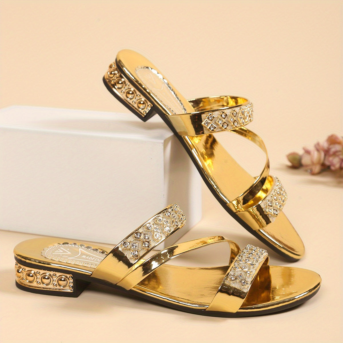 Women's Golden Satin Sandals with Rhinestone Straps Open-Toe Low Heel