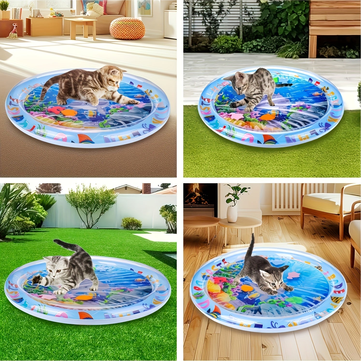 Water-Sensitive Cat Play Mat with Floating Fish Design Splash-Proof PVC Indoor Toy