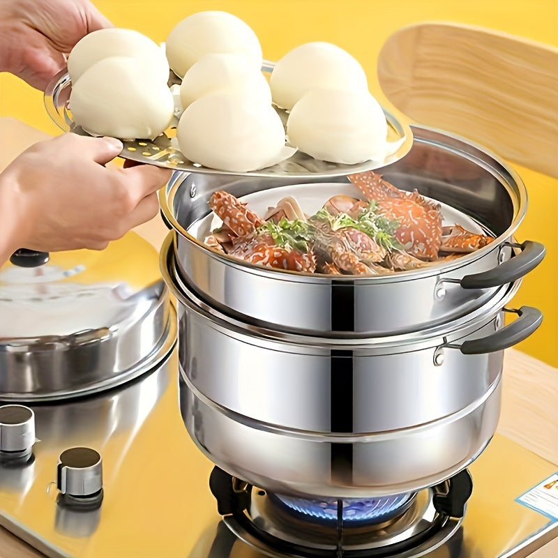 Cocedor de acero inoxidable de 3 capas con tapa para verduras, dumplings, sopa y más. Compatible con cocinas de inducción y de gas