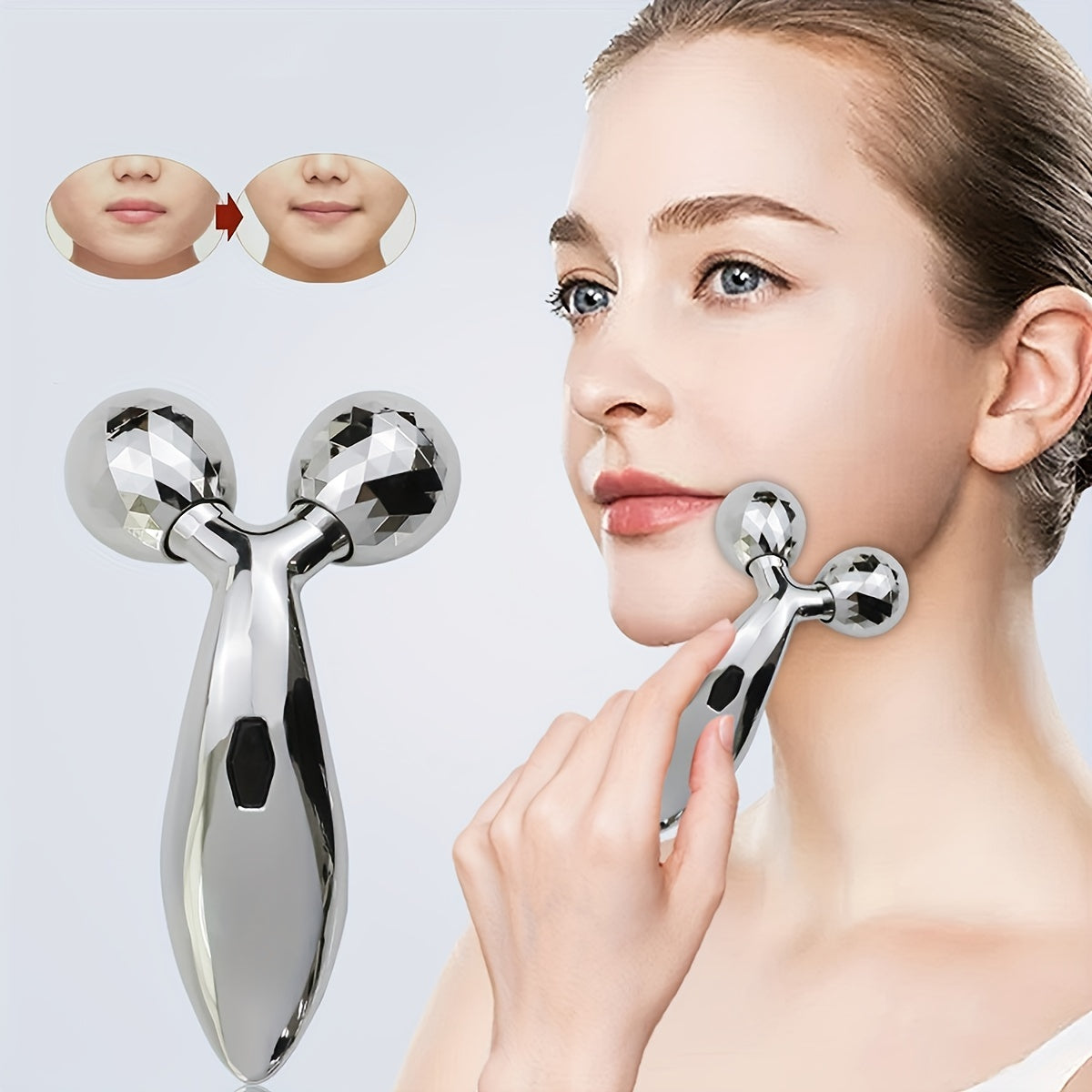3D Manual Roller Massager and Y-Shaped Face Neck Relaxation Tools Silver Set