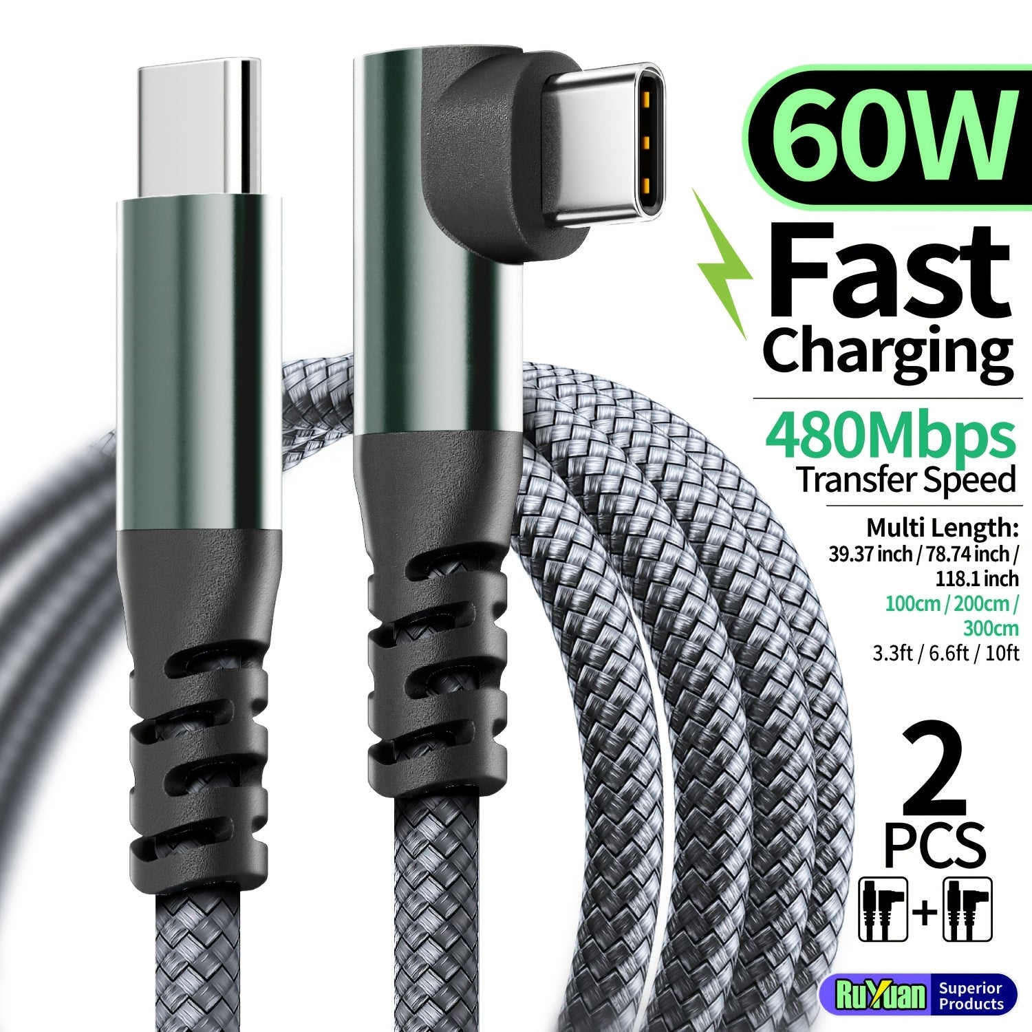 60W USB-C to USB-C Fast Charging Cable 90-Degree Elbow Flat Design for iPhone, iPad, MacBook, Samsung, Xiaomi, OnePlus, Vivo, OPPO 3.05m