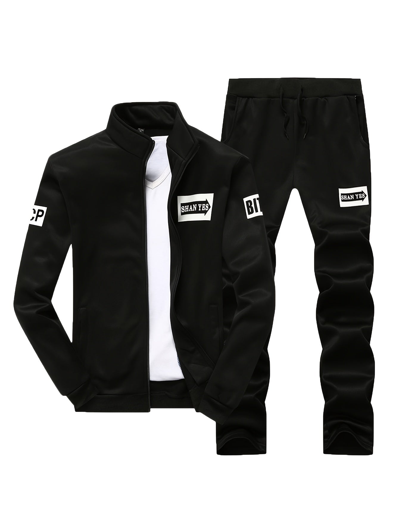 Men's Fleece Tracksuit Set with Pockets and "SPORT" Lettering in Black Polyester for Spring Fall