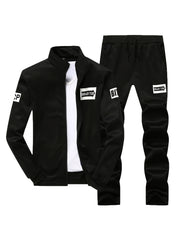 Men's Fleece Tracksuit Set with Pockets and "SPORT" Lettering in Black Polyester for Spring Fall