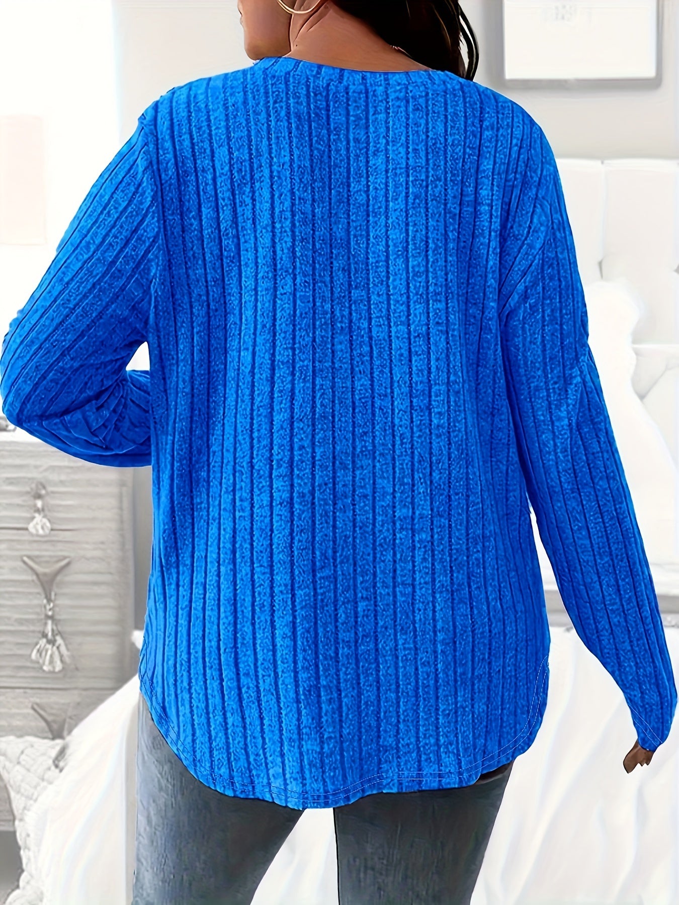 Plus Size Ribbed Solid V-Neck Long Sleeve T-Shirt Womens Clothing