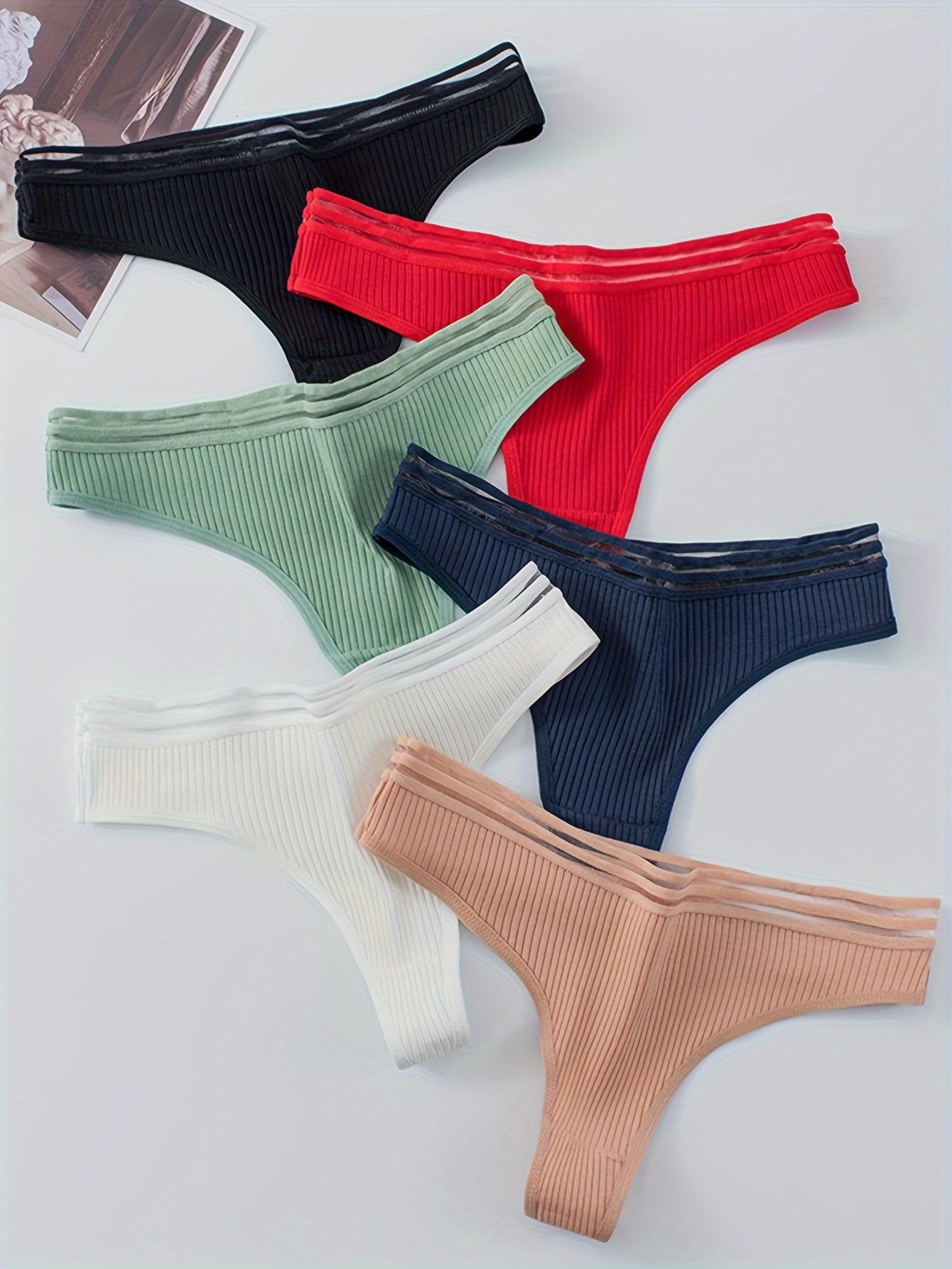 Women's Ribbed Cotton Thongs with 6 Stripes Low Rise Intimates