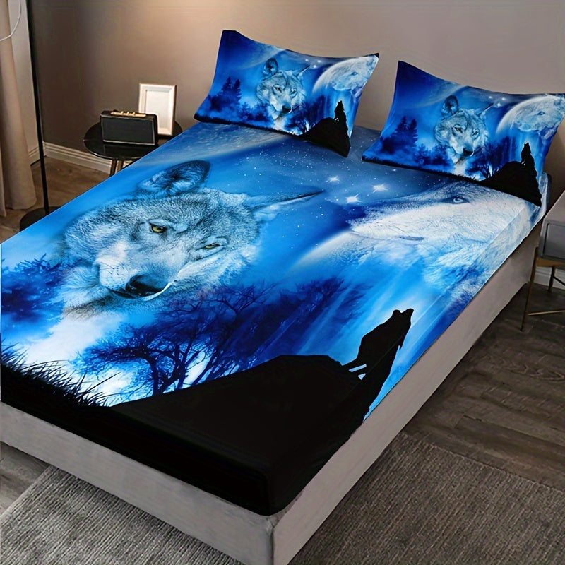 Fitted Sheet Set with Dark Wolf Forest Animal Pattern 3 Pieces Soft Cozy Bedding