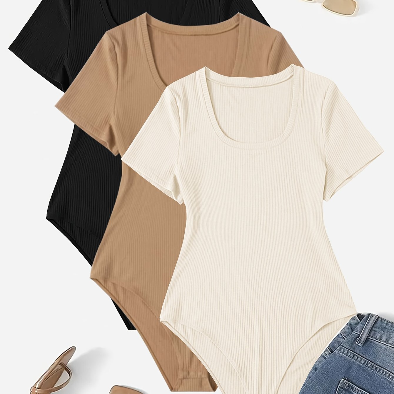 Ayollar uchun kengaytirilgan o'lchamli elastik bodysuitlar, bir rangli, kruj neck, qisqa qo'lli to'plam