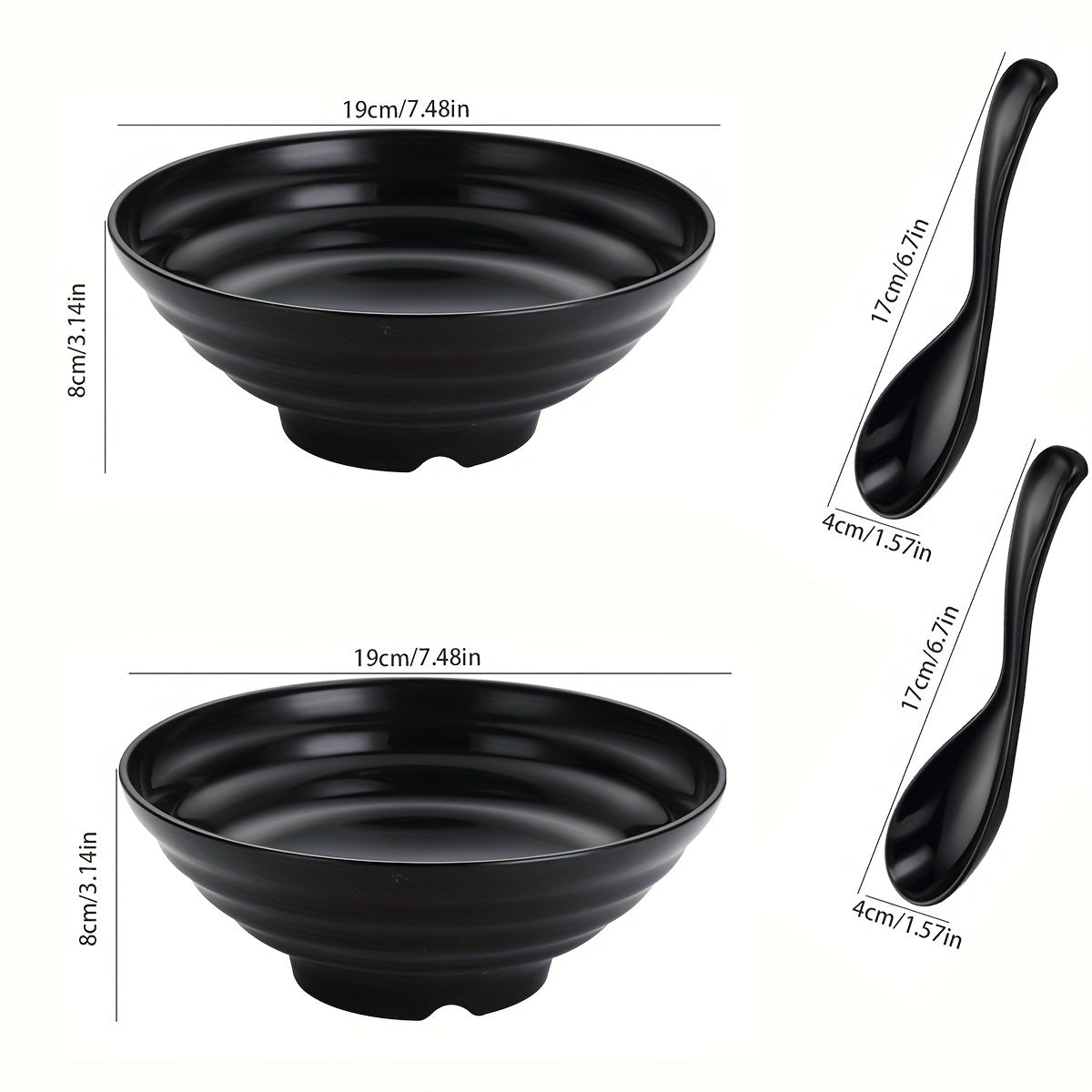 Set of 2 Black Polypropylene Ramen Bowls Microwave Safe Dishwasher Safe with Spoons