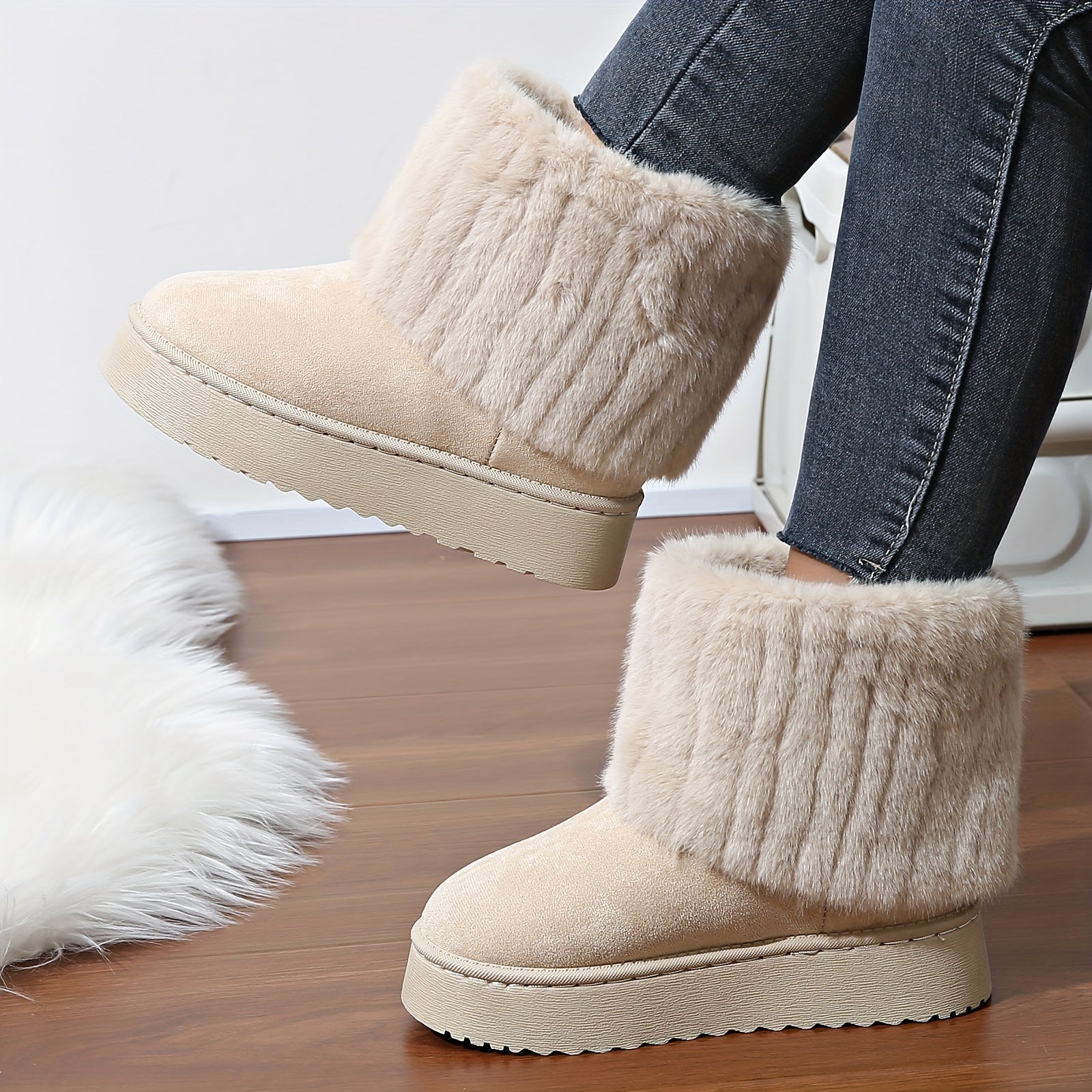 Women's Fluffy Winter Boots Platform Plush Lined Warm Snow Non-slip