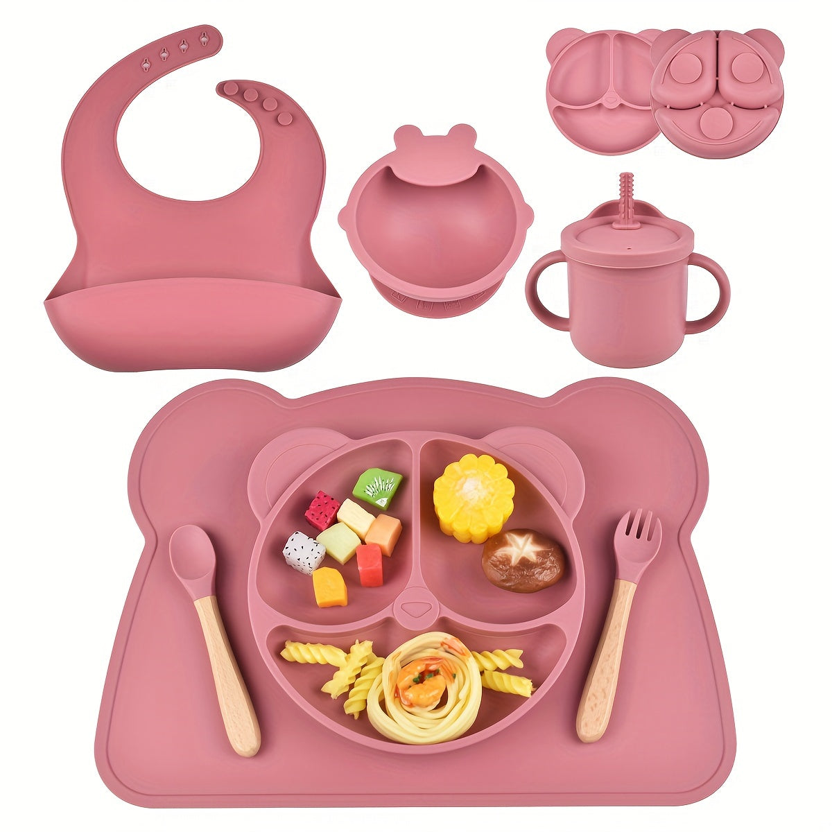 7-Piece Toddler Meal Set Silicone Utensils with Suction Cups and Cartoon Design for Infants