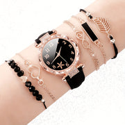 Conjunto de reloj de cuarzo negro con correas de cuero PU, manecillas de aleación de zinc, joyería y regalo