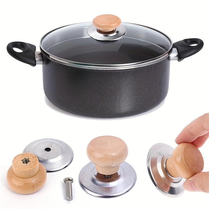 Juego de 4 asas para tapas de olla de acero inoxidable con pomo de madera para utensilios de cocina