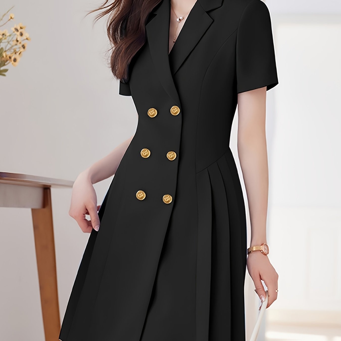Plus Size Women's Double-Breasted Suit Dress Elegant Stylish Black