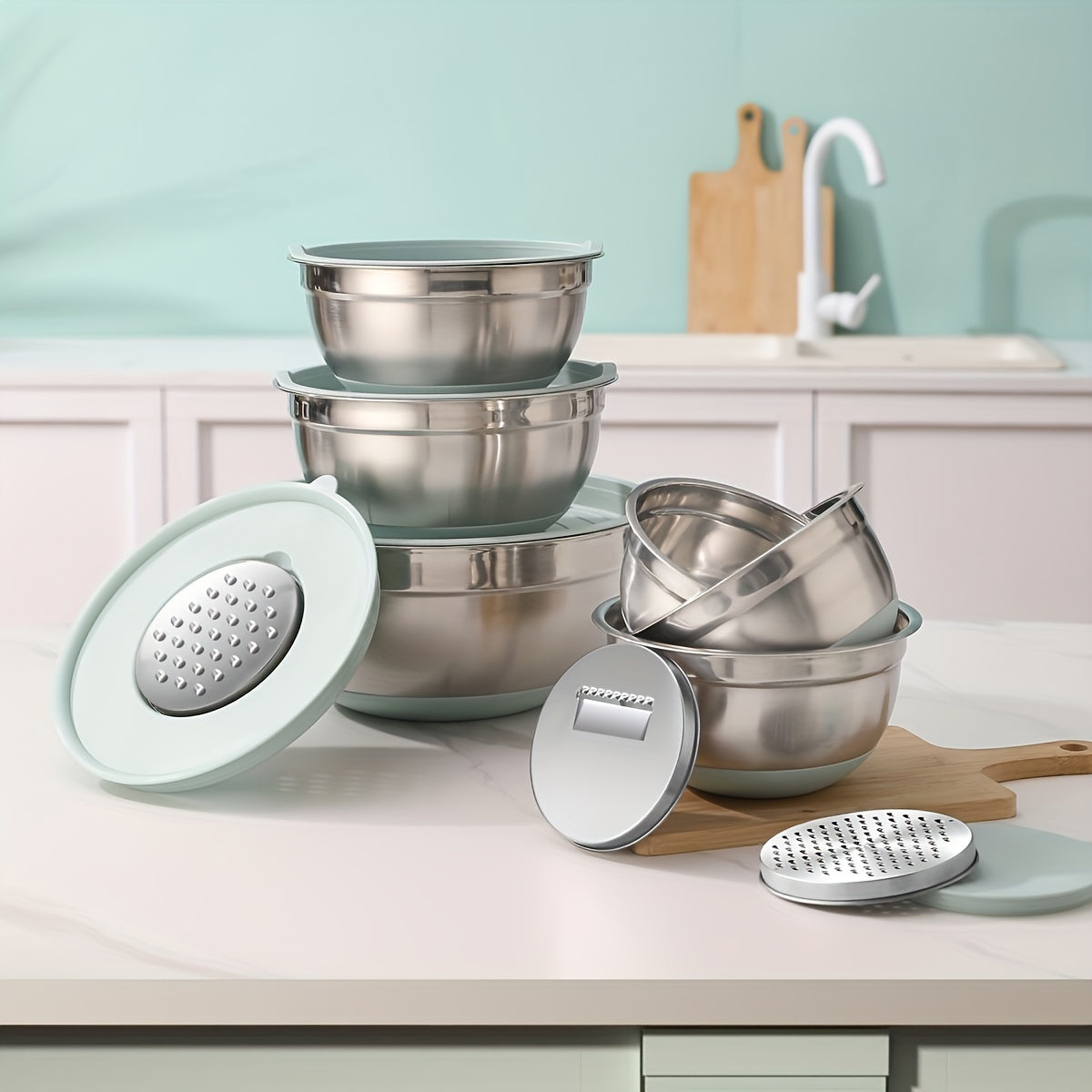Set of 6 Stainless Steel Mixing Bowls with Lids and Nested Graters Non-Slip Silicone Bottoms