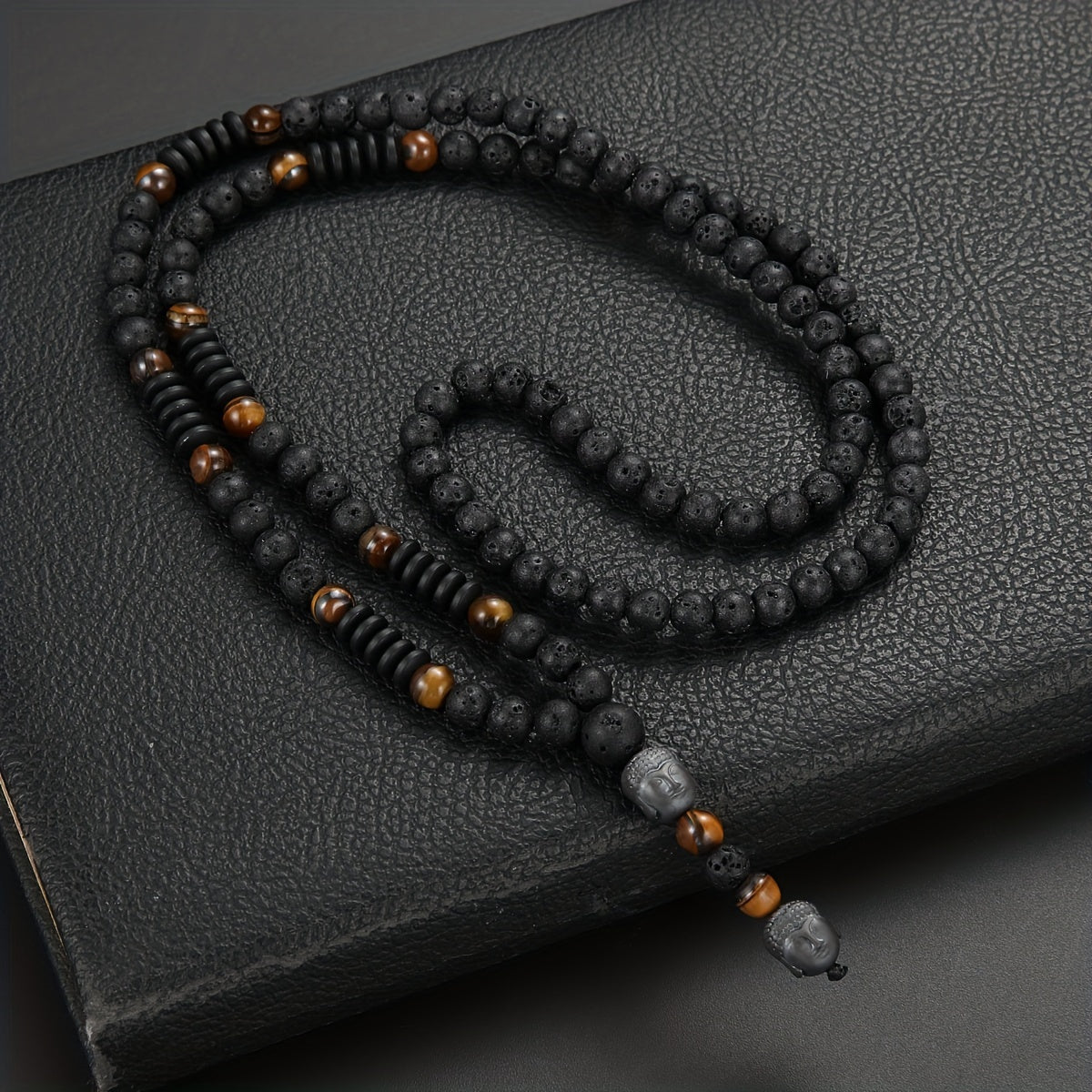 Unisex Natural Stone Bead Necklace with Buddha Head Pendant for Father's Day