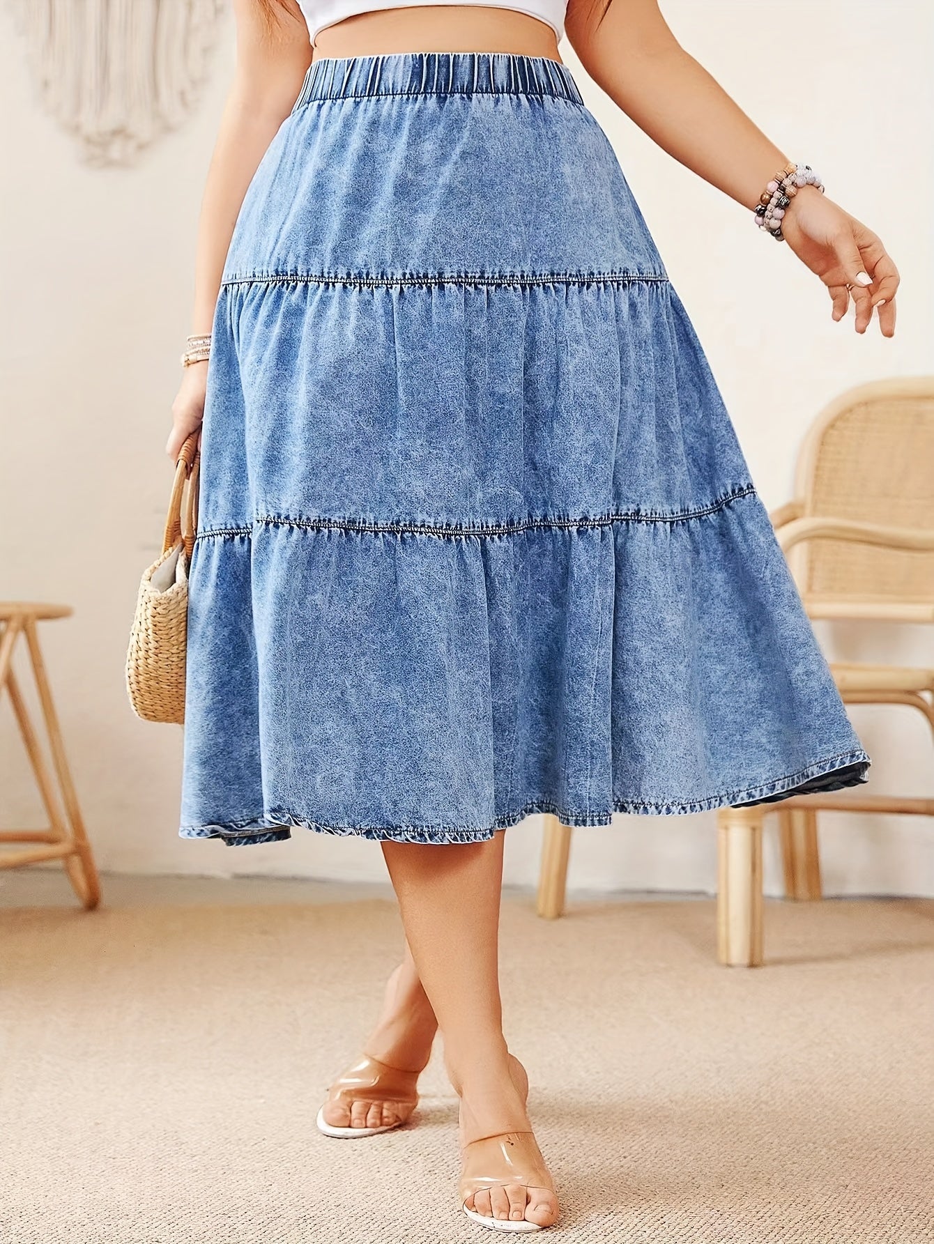 Women's Plus Size Denim Midi Skirt Tiered Ruffle A-line Blue Summer