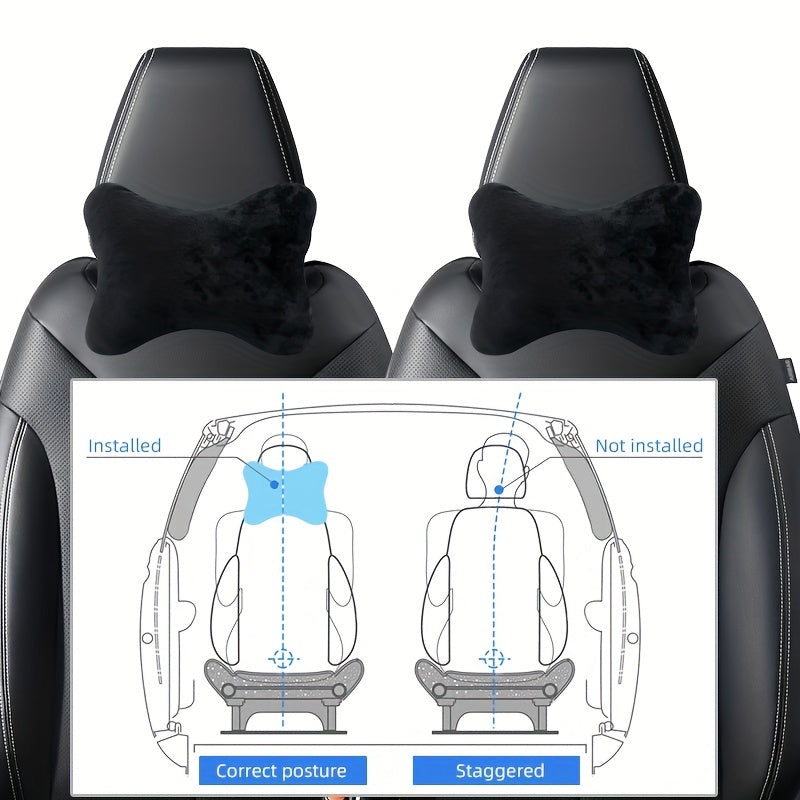 Black Plush Car Headrest and Lumbar Support Pillow for Travel and Vehicles