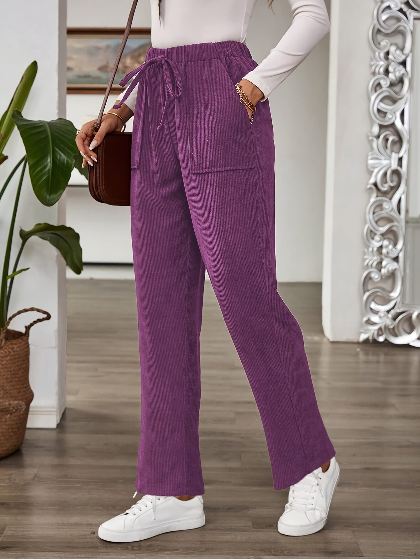 Pantalones de pana rectos para mujer de tallas grandes con bolsillos para todas las estaciones