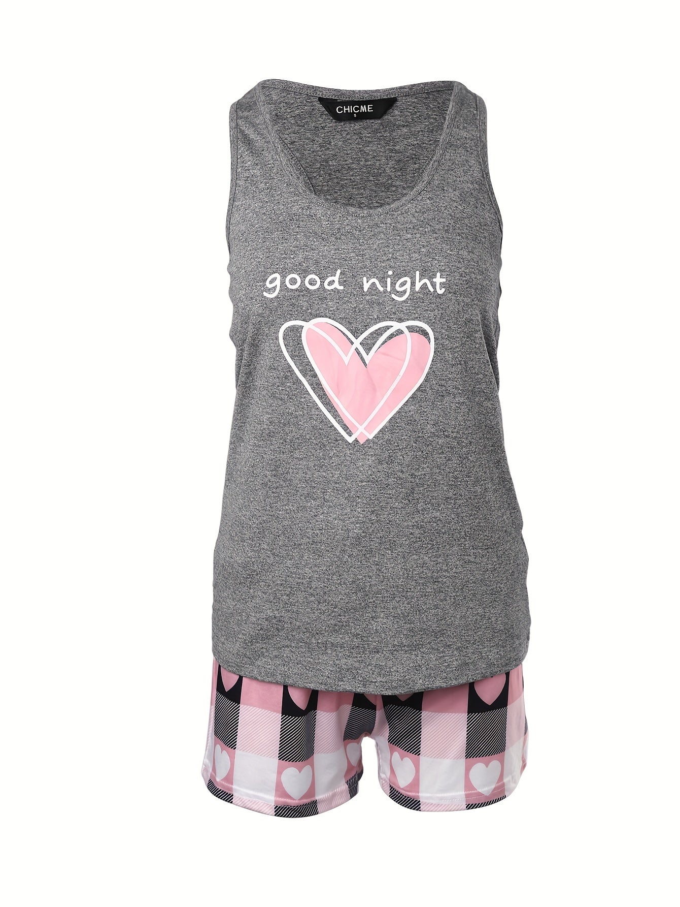 Conjunto de pijama con estampado de corazones y letras para mujer con camiseta sin mangas de cuello redondo y pantalones cortos con cordón