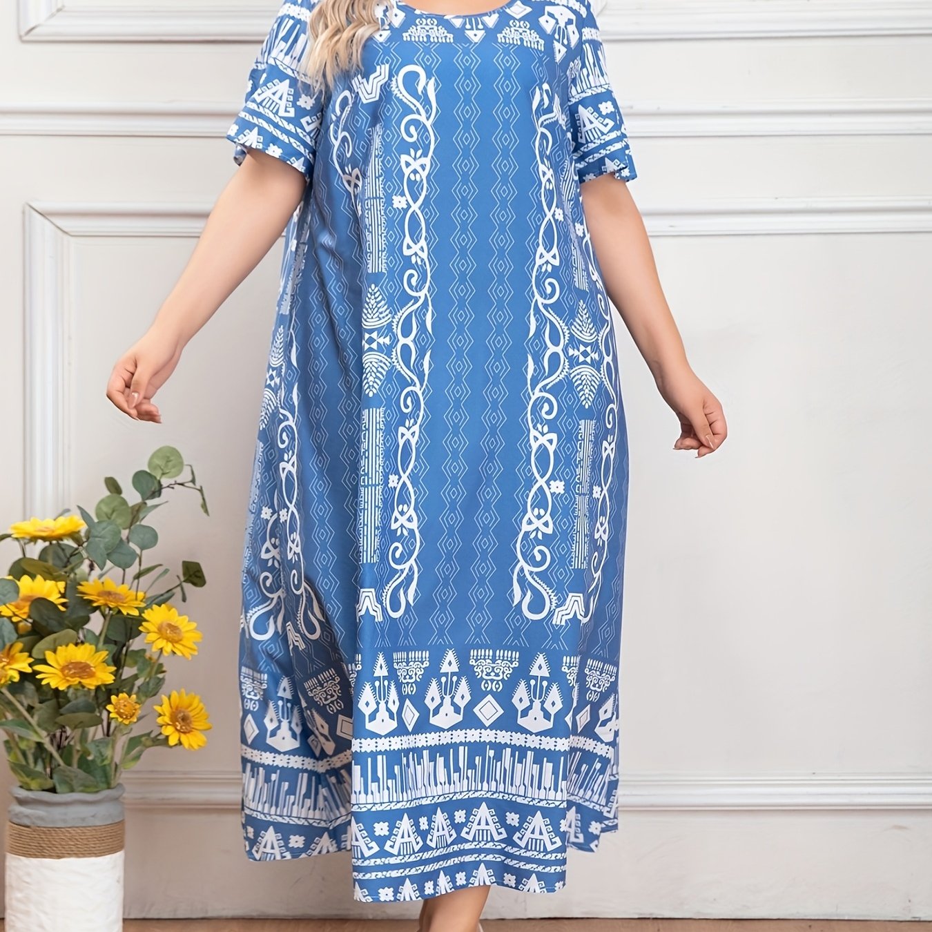 Women's Plus Size Tunic Dress Polyester Middle Eastern Print Casual All-Season