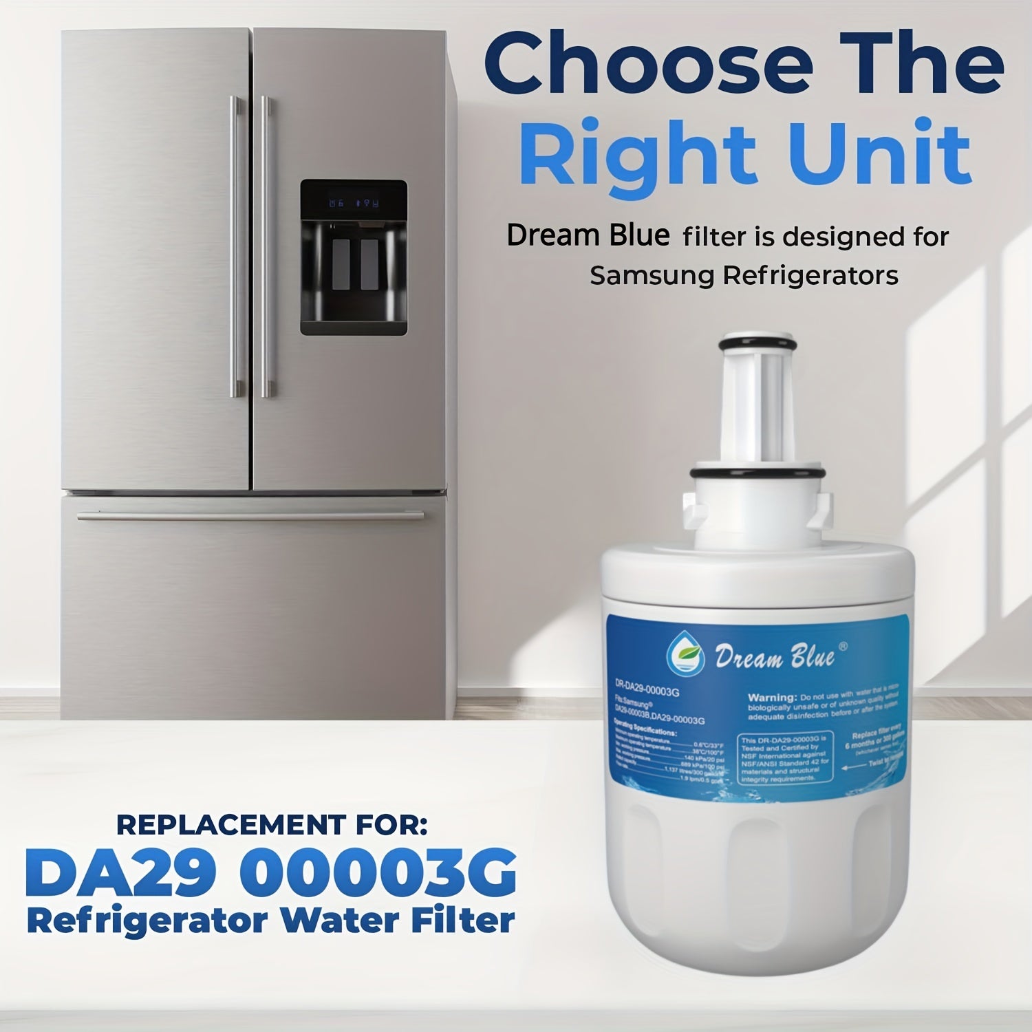 Samsung modellari uchun NSF sertifikatlangan almashtirish uchun Moviy sovutgich suvi filtri