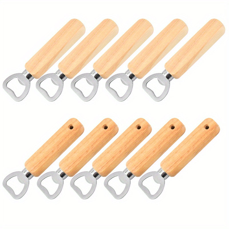 10pcs Stainless Steel Bottle Openers with Wooden Handles for Beer Wine Juice