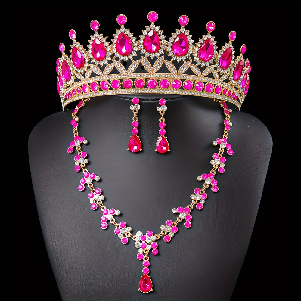 Elegant Rhinestone Queen Tiara and Jewelry Set with Necklace and Earrings for Weddings and Events