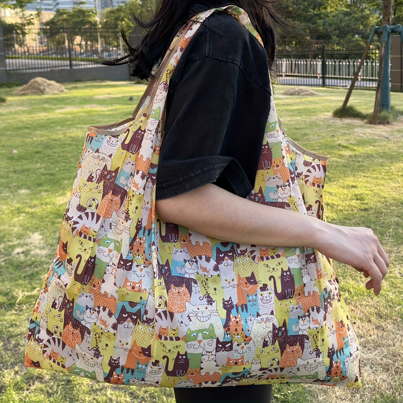 Large Waterproof Tote Bag with Cartoon Flower Pattern Lightweight and Spacious