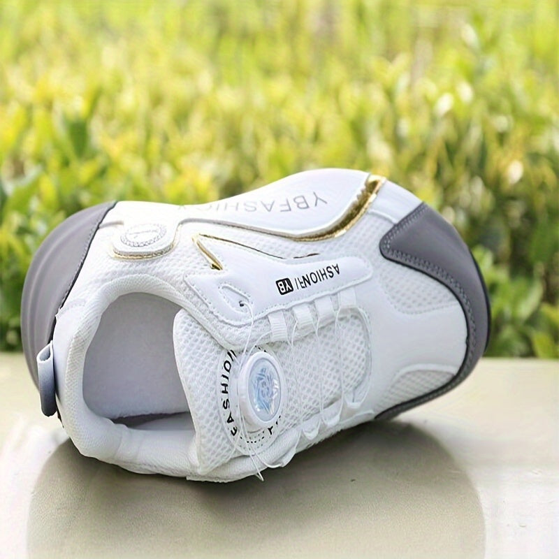 Men's White Mesh Athletic Sneakers with Rubber Sole and Gold Accents