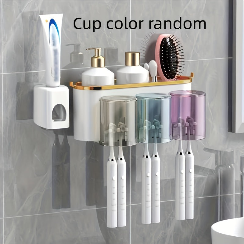 Plastic Wall-Mounted Toothbrush Holder with Gargle Cup Space-Saving Bathroom Organizer