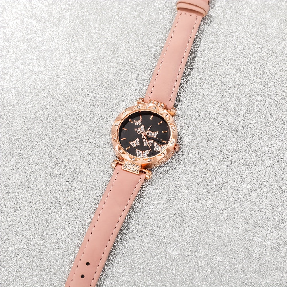 6-частный набор женских модных часов с милыми розовыми бабочками, кварцевыми часами, круглым корпусом, ремешком из PU-кожи, корпусом из цинкового сплава, не перезаряжаемой батареей. Включает браслет, серьги.
