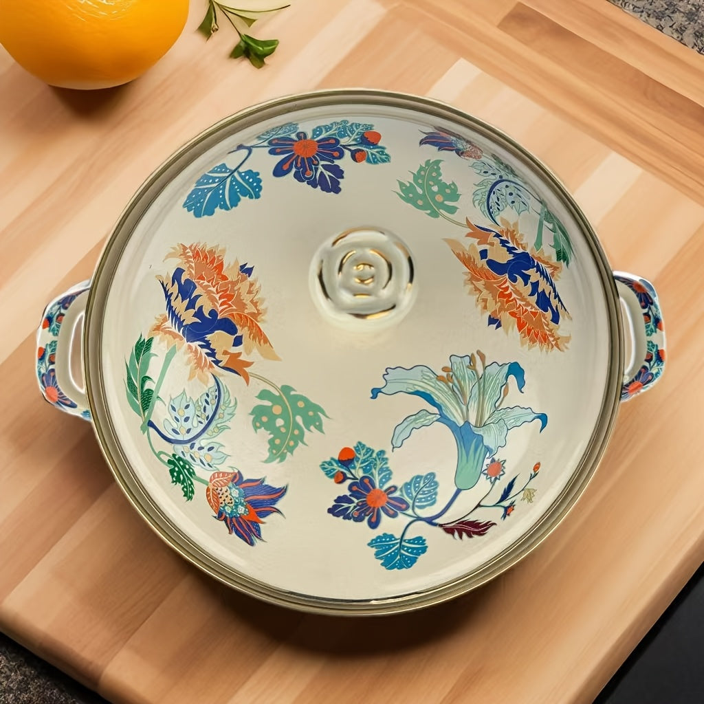 Enamel Soup Pot with Rose Ceramic Lid, Dual Handles, Dual-Tone Coating