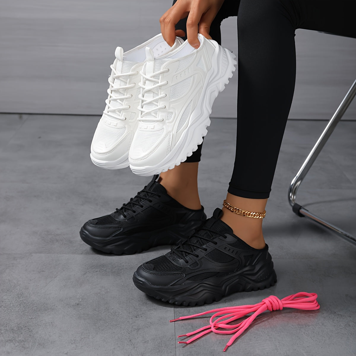 Women's Chunky Sneakers Lightweight Casual Shoes Black White Slip-On