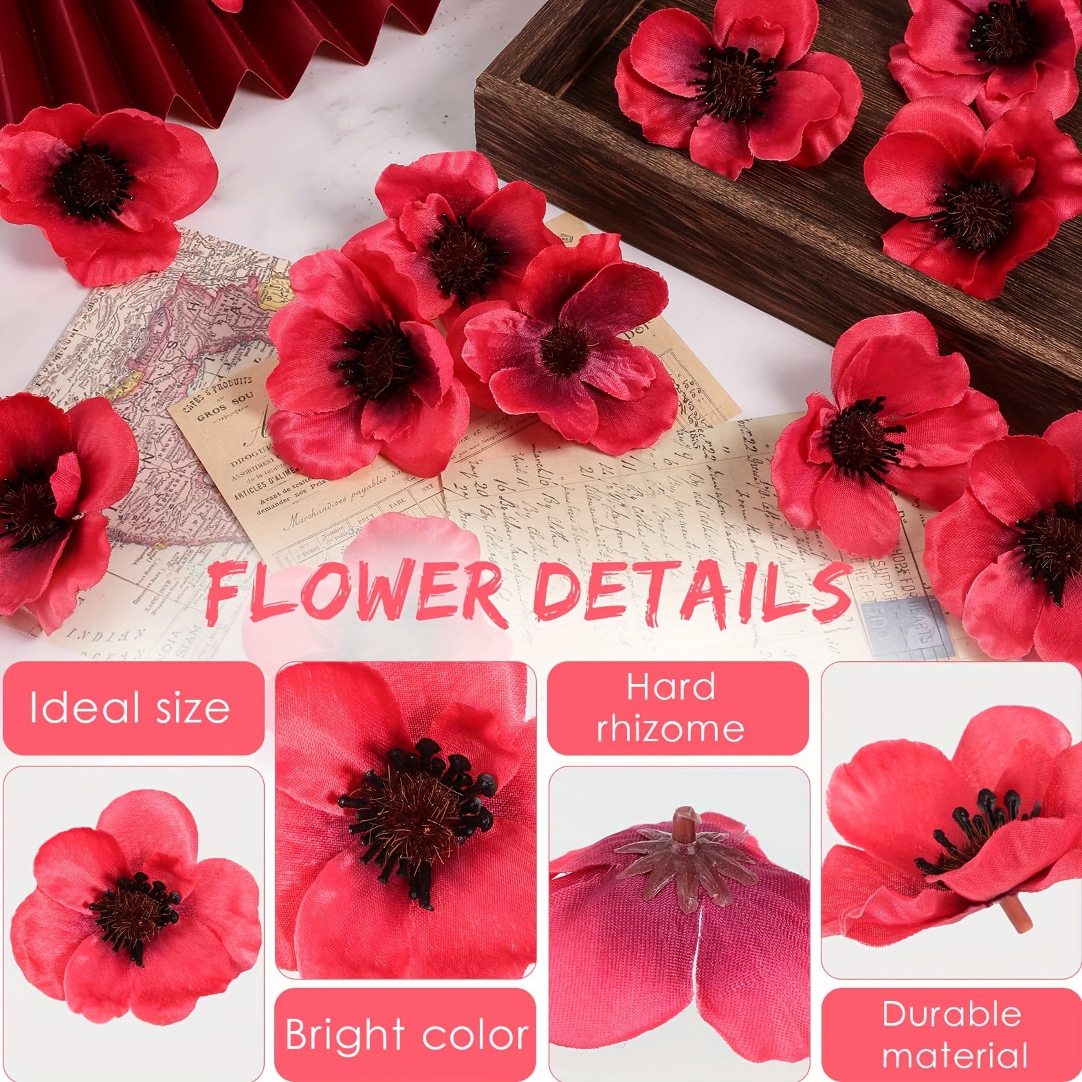 Set of 30 Artificial Poppy Flowers for Weddings, Home Decor, and Crafts