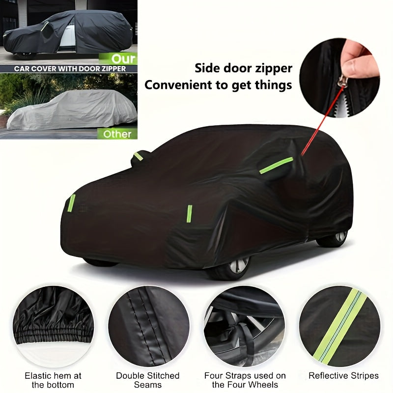 Car Cover Black Oxford Cloth with Reflective Strips and Zipper Doors