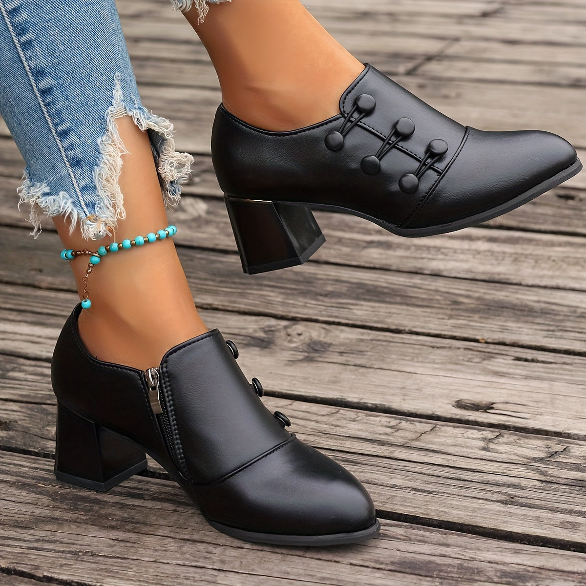 Women's Solid Color Block Heel Pumps with Side Zipper and Slip-On Design