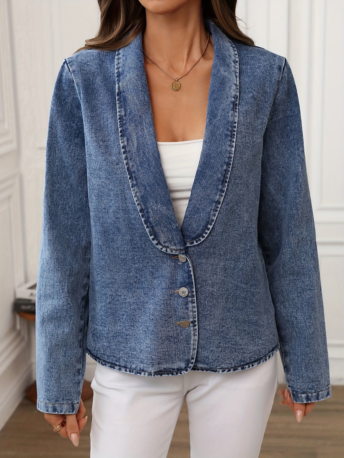 Women's Light Wash Blue Denim Jacket Long Sleeve Button-Up Cotton Polyester Fall Spring Classic Collar Structured Silhouette