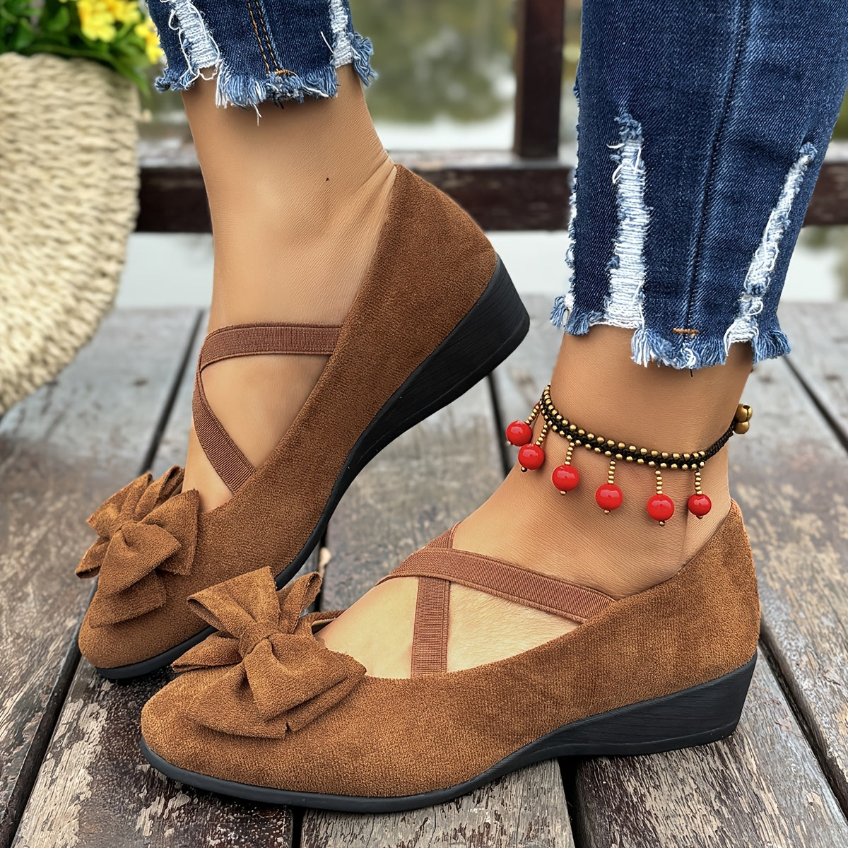 Women's Gray Mary Jane Flats with Bow - Lightweight Slip-On Comfort Shoes