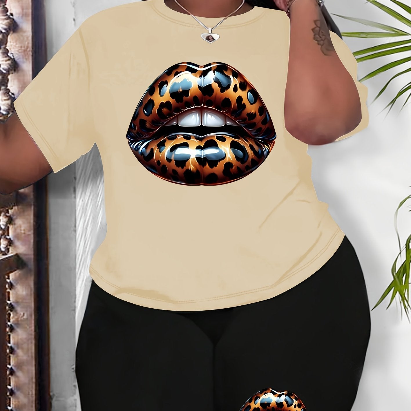 Women Plus Size Leopard Lip Print Casual Black Sportswear Set