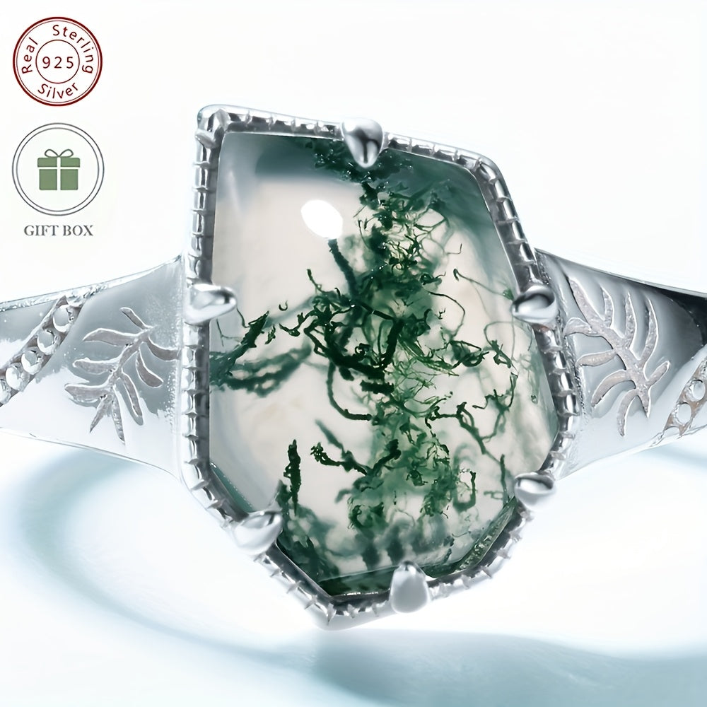 Sterling Silver Wedding Ring for Women with Green Moss Agate 7x10mm Vintage Open Design