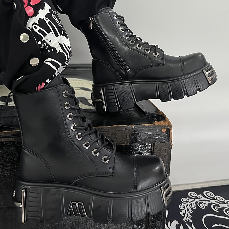 Women's Y2K Punk Ankle Boots Leather Platform Lace-Up Zipper
