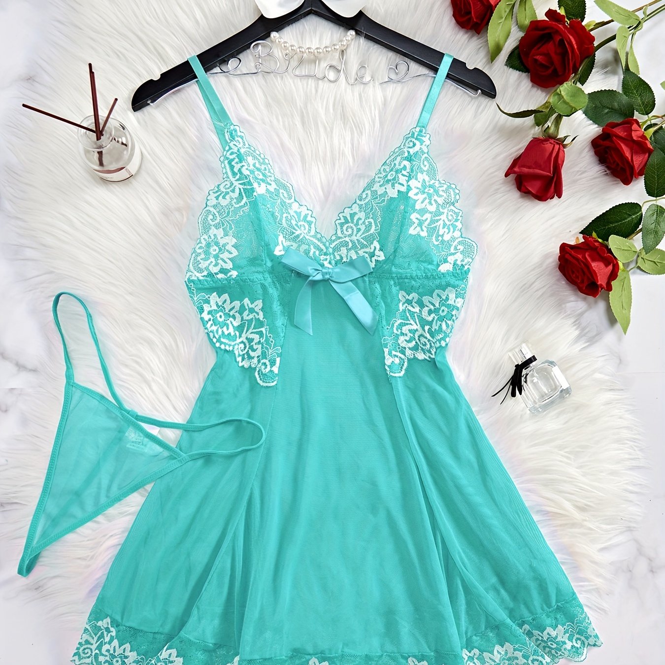 Camison de encaje para adultos con la espalda profunda en forma de V y lazo para dormir o celebraciones