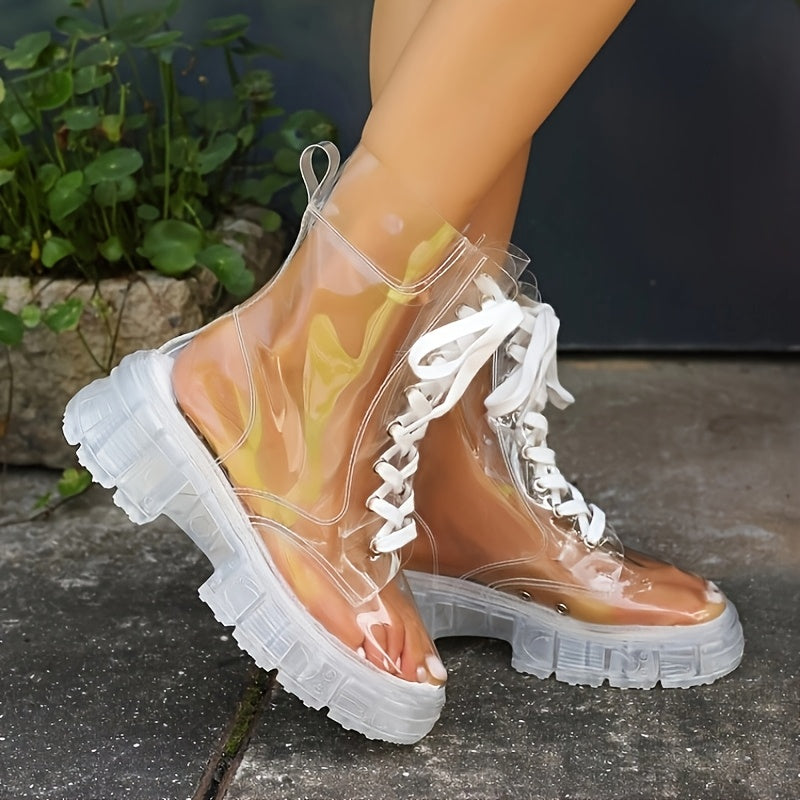 Women's Transparent Short Ankle Boots Thick Sole Lace-up for All Seasons