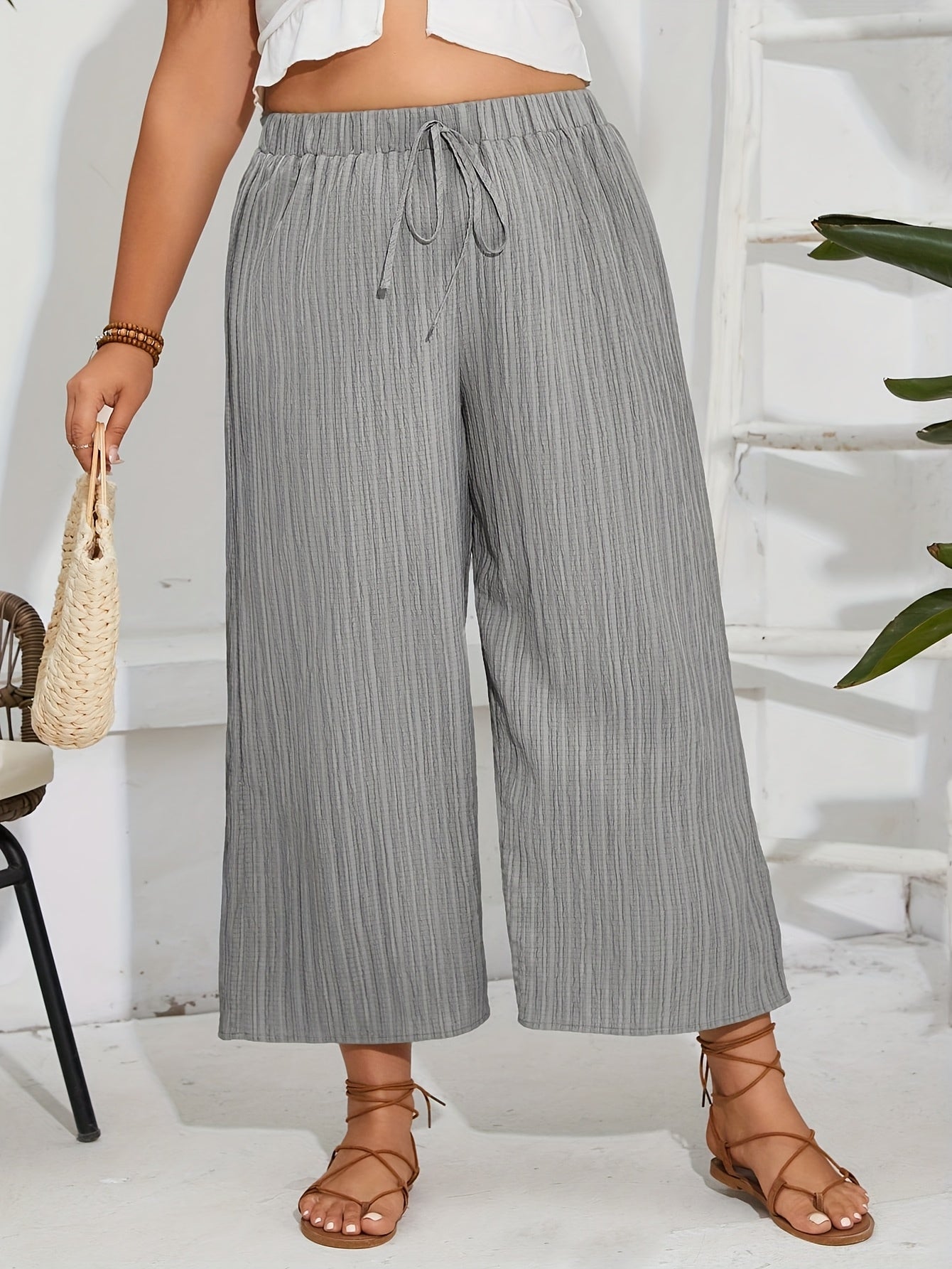 Women's Plus Size Drawstring Wide Leg Pants Solid Color Casual Lightweight